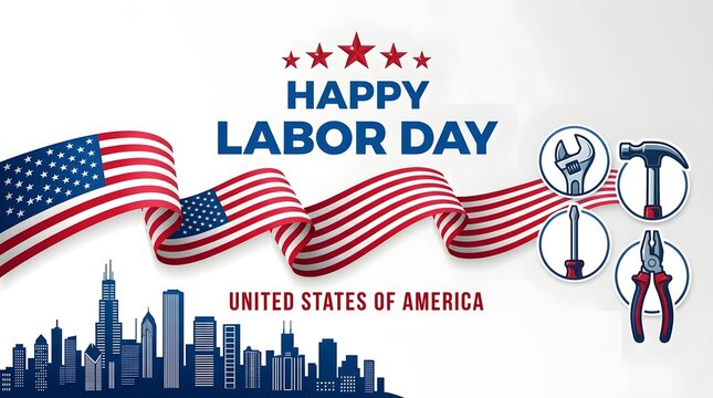 Happy labor day american flag with tools and city skyline illustration