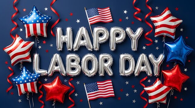 Happy labor day patriotic american flag balloons and festive celebration graphics