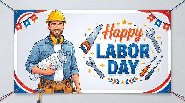 Happy labor day celebration with construction worker and tools