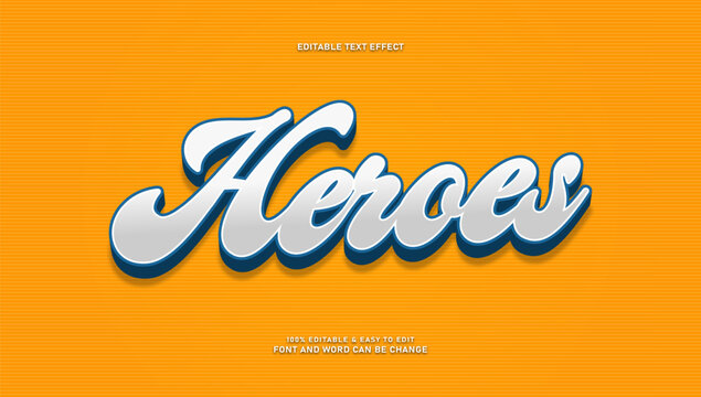 Heroes editable text effect with 3d retro script font style on orange background