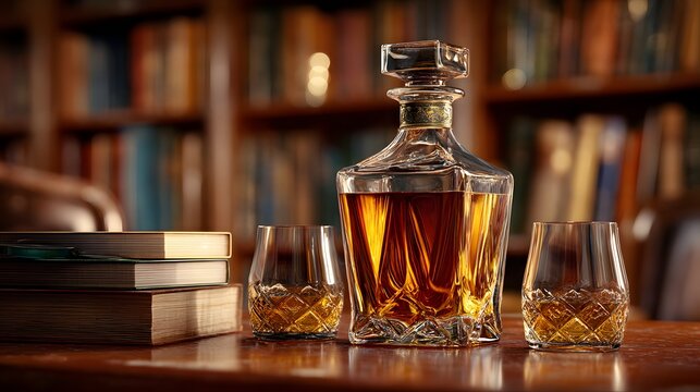 Elegant Whiskey Decanter with Glasses on Wooden Table in Library