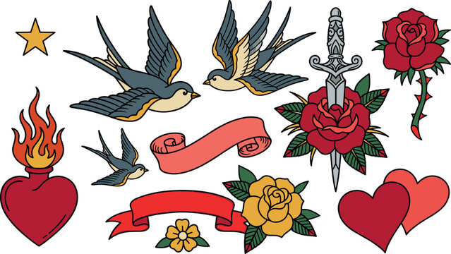 Traditional Tattoo Vector Set, Old School Illustration Collection with Swallow Rose Dagger Heart and Banner Ribbon Design Elements