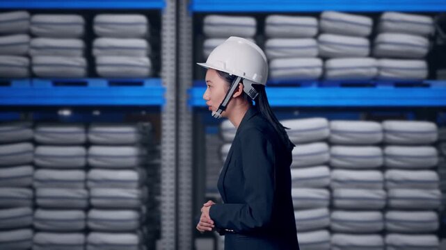 Side View of Asian Businesswoman Walking and Speech at Warehouse storage with stacked white sacks