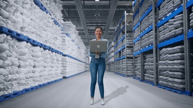 Full Body Of Asian Female With Her Laptop at Warehouse storage with stacked white sacks, She Is Looking At The Camera With A Smile