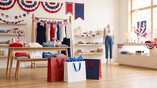 American Retail Store Interior with USA Decorations and Shopping Bags