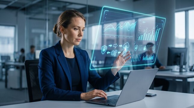 Business Woman Using AI Interface on Laptop in Modern Office Concept