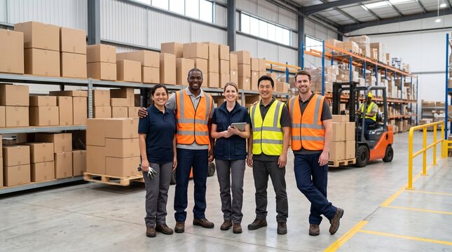 Warehouse Logistics Team Standing in Distribution Center with Safety Gear
