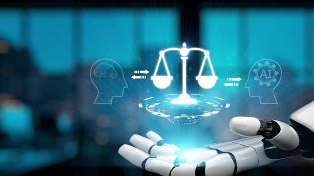 A sleek robot hand conveys a powerful message of balance, juxtaposing technology with justice and ethics, representing a sci-fi vision of the future. Synapse