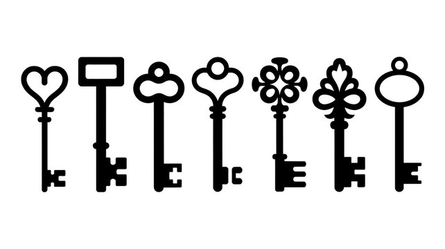An illustration of seven decorative keys displayed horizontally on a plain surface