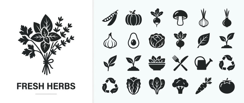 Fresh Herbs and Vegetables Icon Set