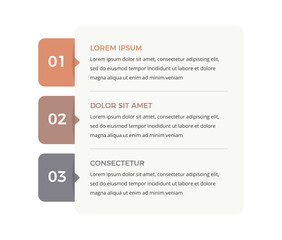 Fototapeta premium Vertical workflow infographic template with three numbered steps with side tabs and text placeholder for a structured presentation layout
