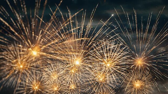 Bright golden fireworks explosion festive background 華やかな金色の花火が重なるループ動画　フルHD
