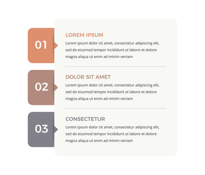 Vertical workflow infographic template with three numbered steps with side tabs and text placeholder for a structured presentation layout
