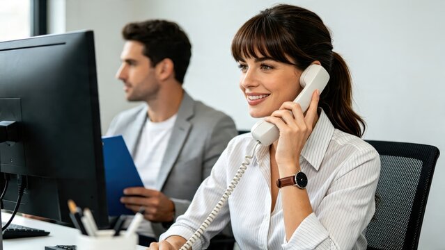 Smiling female customer support agent talking on phone in modern office, call center operator, business communication, client service, professional workplace, team collaboration