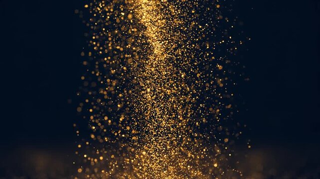 Golden glitter particles falling down like rain falling dust 黒背景に金の粉雪が降り注ぐ　フルHD 動画
