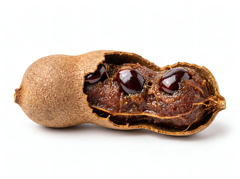 Open tamarind pod with sticky brown pulp and shiny seeds isolated on white background