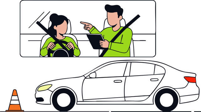 Driving Instructor Teaching Car Driving Lesson Flat Vector Illustration.