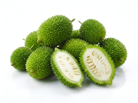 Fresh green spiny gourd heap with cut halves showing seeds isolated on white background