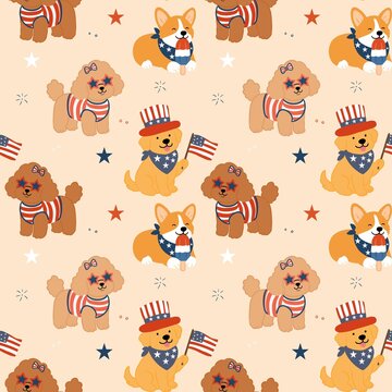 Cute 4th of July dogs seamless pattern on beige background. Whimsical hand drawn patriotic golden retriever, corgi, and poodle