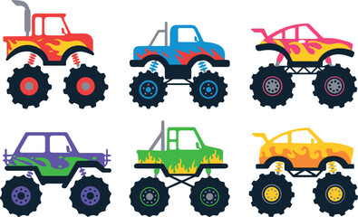 Colorful Monster Truck Vector Set, Cartoon Illustration Collection with Big Wheel Truck in Different Colors and Flame Designs © SM