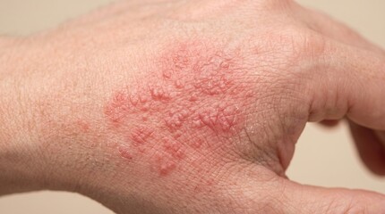 Fototapeta premium Close up view of a painful red skin rash with small watery blisters on the back of a human hand caused by allergic contact dermatitis or eczema.