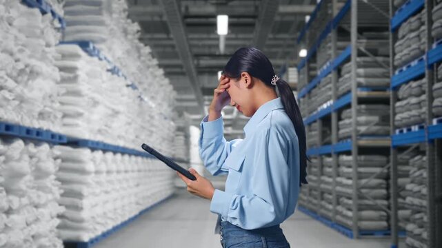 Side View Of Asian Female With Her Tablet at Warehouse storage with stacked white sacks, Checking With Dissapionted And Nodding Her Shead 
