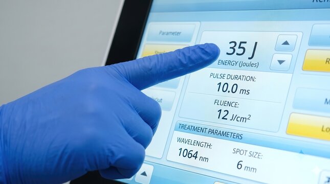 Professional doctor hand in blue medical glove adjusting parameters on a laser hair removal and skin rejuvenation machine touch screen.
