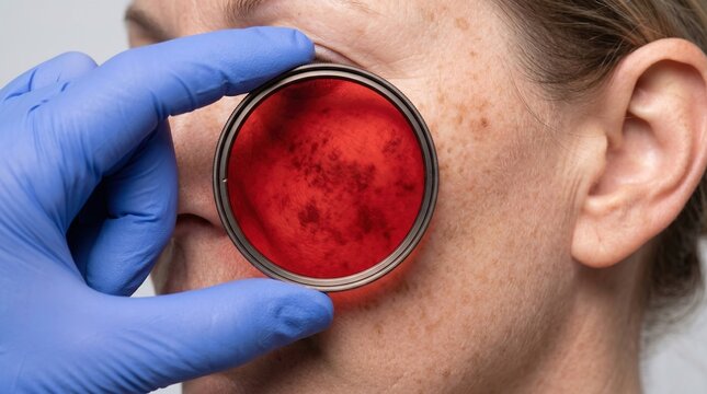 Aesthetician holding a red optical filter lens over a female patient cheek to diagnose hyperpigmentation, melasma, and sun damage spots.