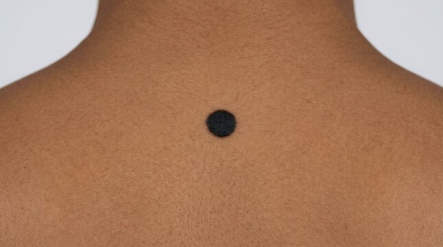 High contrast close up of a single symmetrical dark black mole or benign nevus located on the center of a person upper back.