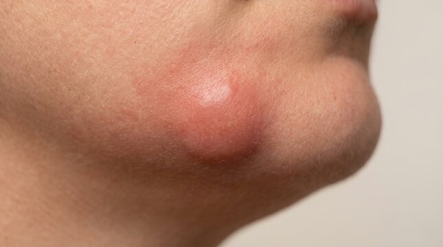Macro shot of a large inflamed sebaceous cyst on young man chin, painful red subcutaneous nodule bump.