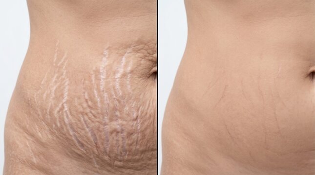 Split screen before and after comparison of abdomen stretch marks treatment, postpartum striae reduction results.