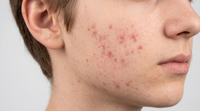 Side profile close up of a teenage boy cheek with red acne papules and inflammatory breakout lesions.