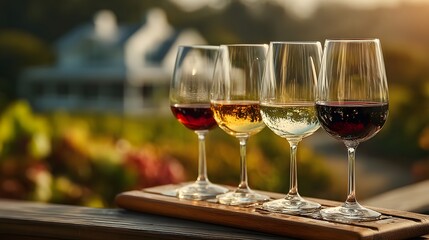 Naklejka premium Elegant Wine Tasting Setup with Glasses in Vineyard Background
