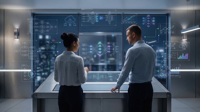 Big data artificial intelligence team analysis with two professionals examining neural network algorithms and complex business graphs on futuristic transparent interface screen