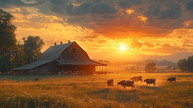 Rustic barn and cows graze in a sun drenched field with rolling hills and dramatic sky