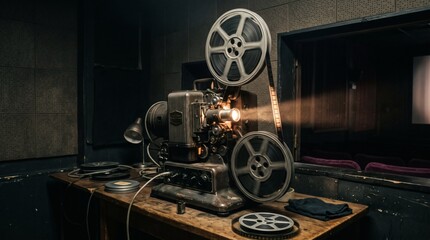 Fototapeta premium Vintage Film Projector in a Dark Room with Reels and a Lamp