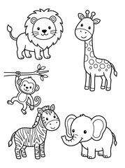 Naklejka premium Cute cartoon zoo animals outline for a fun coloring book page, featuring a lion, monkey, giraffe, zebra, and elephant. Perfect for children's activities and educational purposes