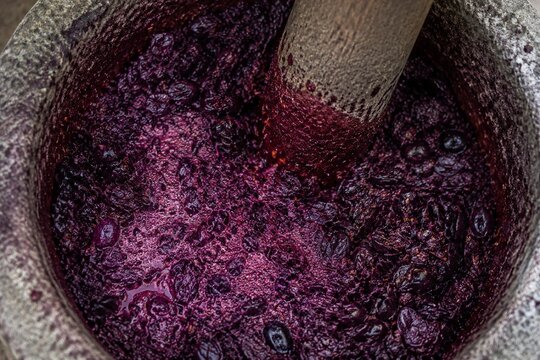 Crushed dark purple grapes in a stone pressing trough.