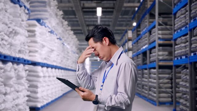 Side View Of An Asian Male Professional Worker Standing With His Tablet at Warehouse Storage with Stacked White Sacks, Checking With Dissapionted And Nodding His Head 