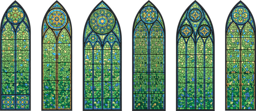 Gothic Stained Glass Arch Window Vector Set Featuring Medieval Cathedral Green Mosaic Panels and Geometric Rose Windows for Historic Architecture Designs,
