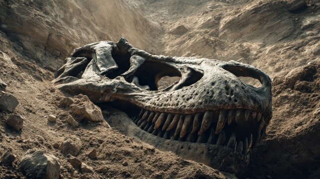 Dinosaur skull fossil in eroded landscape