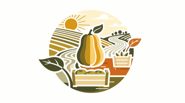 Fresh pear and cake illustration with farm background.