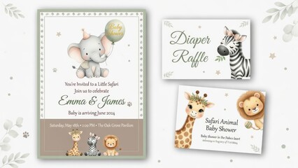 Obraz premium Safari themed nursery celebration stationery set featuring watercolor animal characters like baby elephants and giraffes with personalized text fields for an upcoming gathering held in the summer