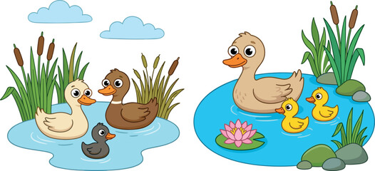 Naklejka premium Cute Cartoon Duck Family Swimming in Pond Vector Icon Set with Ducklings, Water Lily, and Reeds for Children Book, Nursery, and Sticker Designs