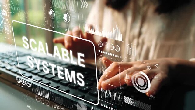 Professional hands typing on keyboard with digital interface displaying scalable systems concept for modern technology and business innovation. Asymptotic smart data analytic.