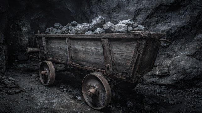 Old mining cart filled with rocks in a dark tunnel