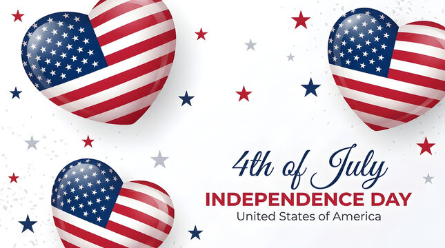 Independence Day heart-shaped balloons decorated with the American flag pattern float gracefully against a soft white background adorned with festive stars for a national celebration.