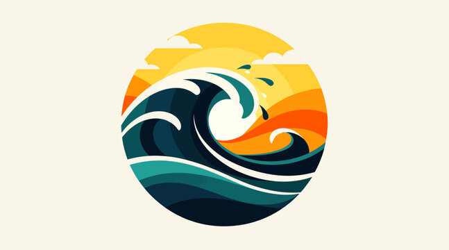 Colorful circular wave and sunset design illustration.