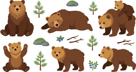 Fototapeta premium PrintCute Brown Bear Vector Illustration Set Featuring Grizzly Bears in Different Poses, Playful Cubs, Forest Elements, and Wildlife Nature Designs