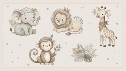 Obraz premium A charming collection of gentle nursery animals including a playful monkey, regal lion, cheerful baby elephant, and tall giraffe is featured in this creative artwork for delightful children